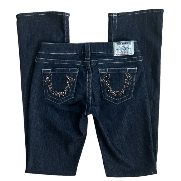 True Religion Women's Blue Dark Wash Stretch Embellished‎ Bootcut Jeans Size 26 - Picture 1 of 11
